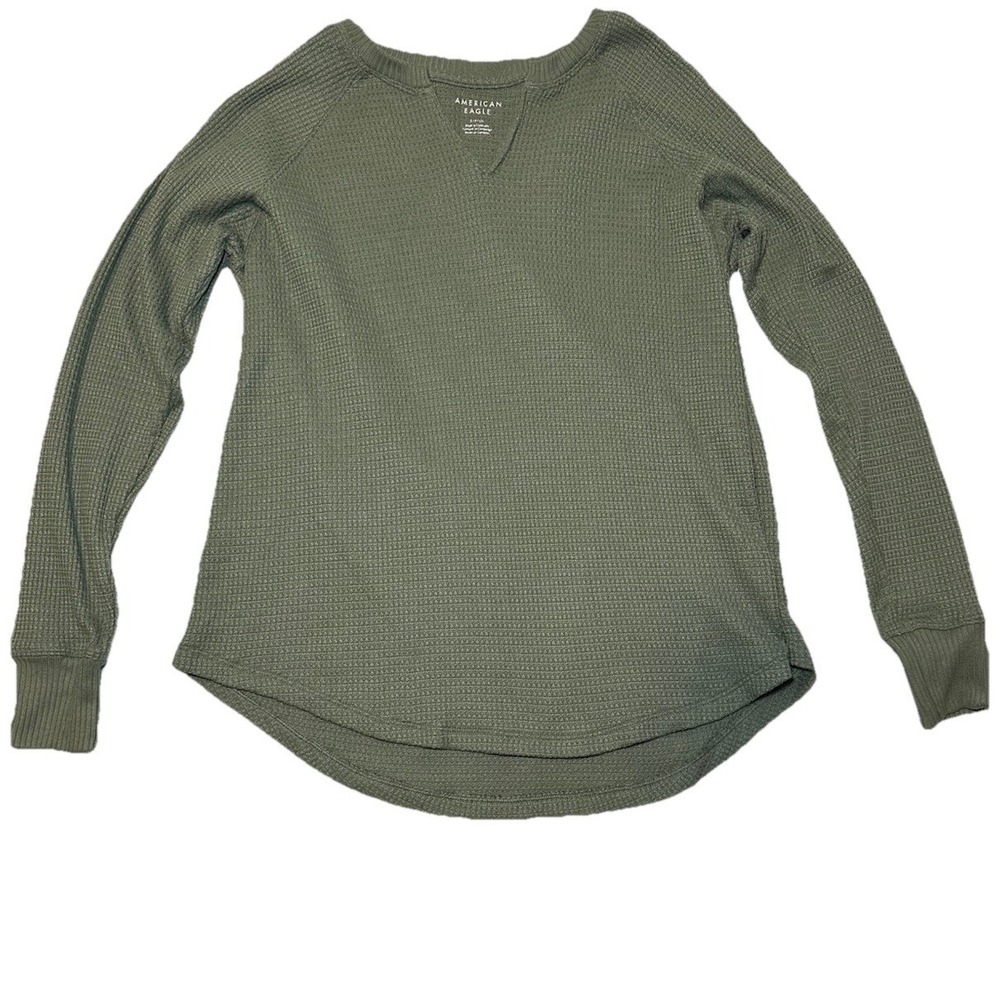 American Eagle Olive Green Waffle Knit Long Sleeve Top Small Boho Casual